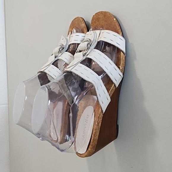 White Wedge Sandals with Leather Straps Stitching Cork Soles - Picture 2 of 13